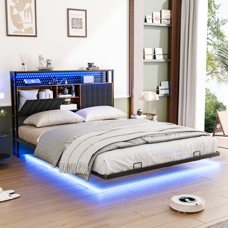 Queen Floating Bed Frame With Charging Station, LED Bed Frame With Storage Headboard, Queen