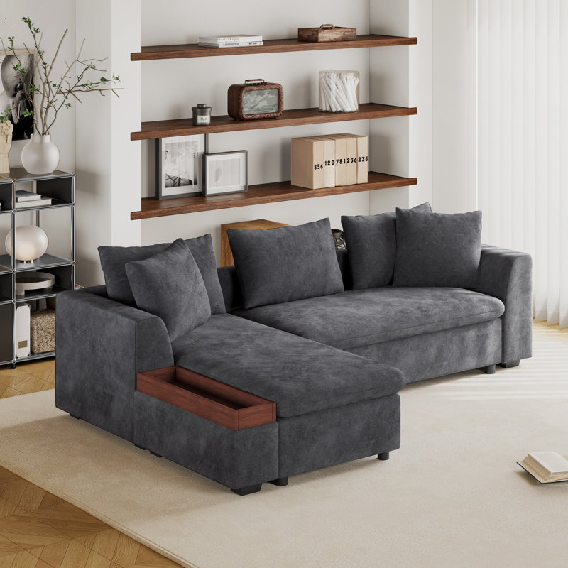 93.7'' L-shaped Chenille Upholstered Sectional Sofa With Left-facing Chaise And Built-in Wooden Storage Compartment