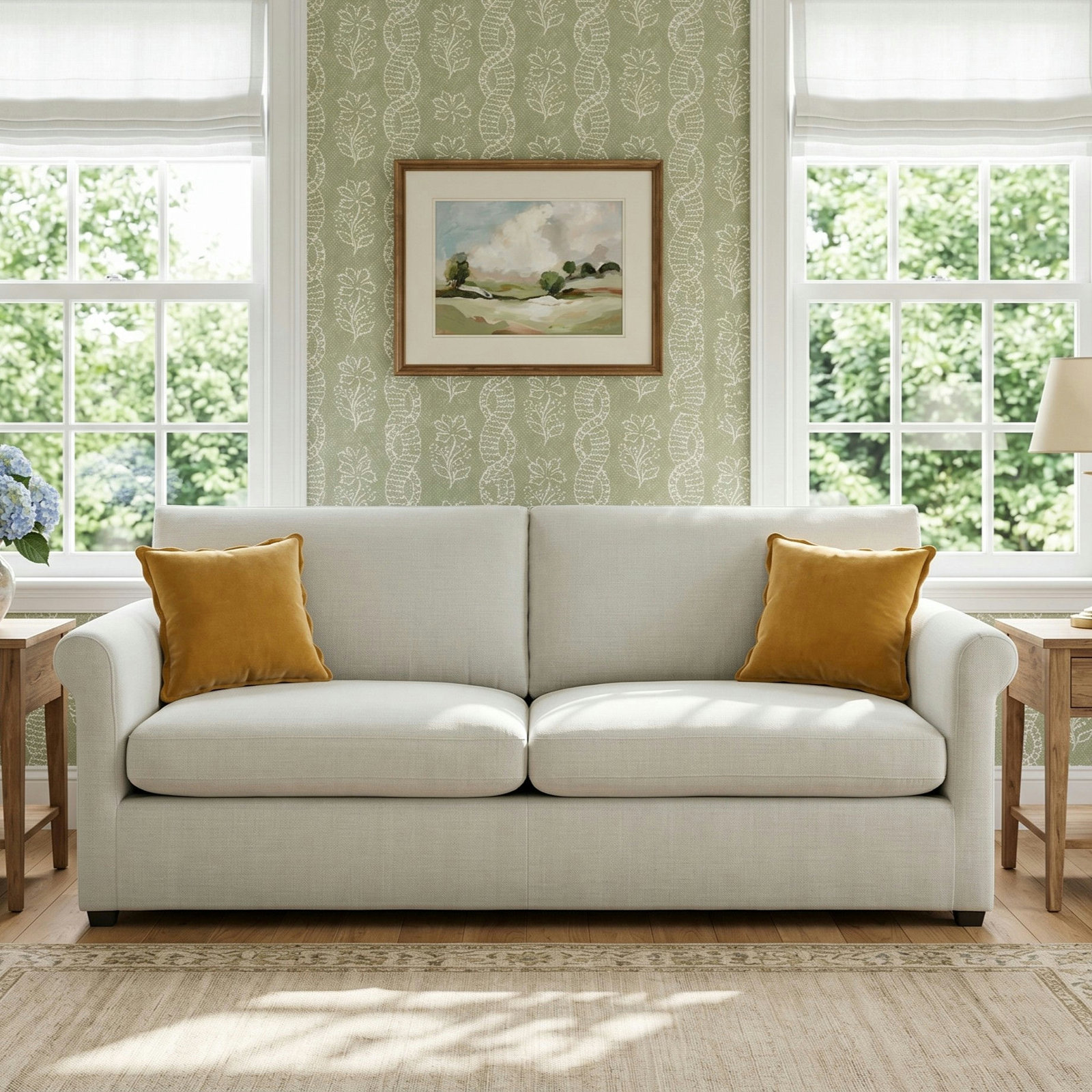 Joelle 90.5" Upholstered Sofa with Rolled Arms, Effie Linen Performance Linen