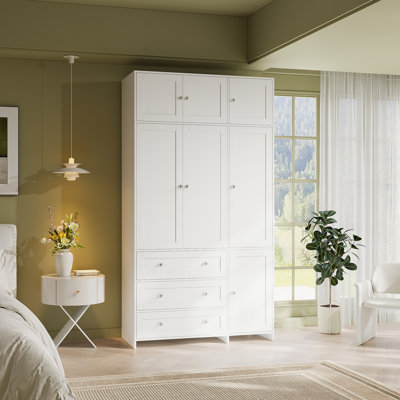 Armoire-penderie de 47,2 po avec 3 tiroirs, un miroir et une armoire de rangement supérieure, une armoire à 3 portes avec tablettes à plusieurs niveaux, une poignée en diamant et une tringle de suspension amovible pour la chambre à coucher