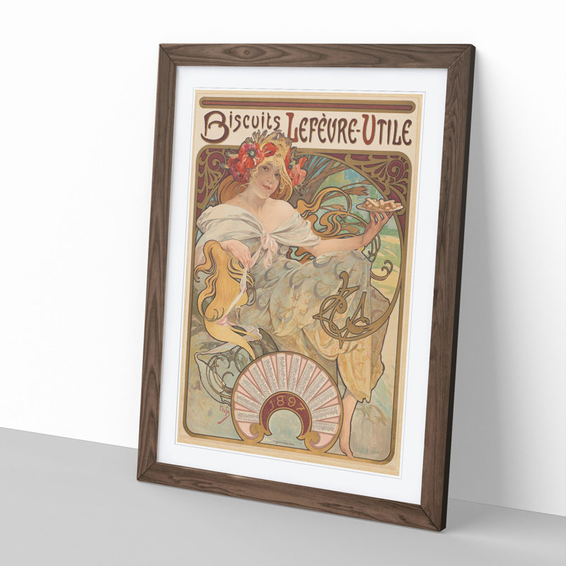 Biscuits Lefevre by Alphonse Mucha - Picture Frame Graphic Art, 65cm H x 48cm W x 2cm D, Walnut