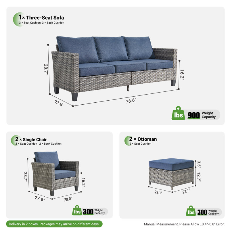 Ensemble de meubles de patio en osier / rotin pour 5 personnes Allcot, canapé d'extérieur avec canapé, chaises, repose-pieds et coussins confortables