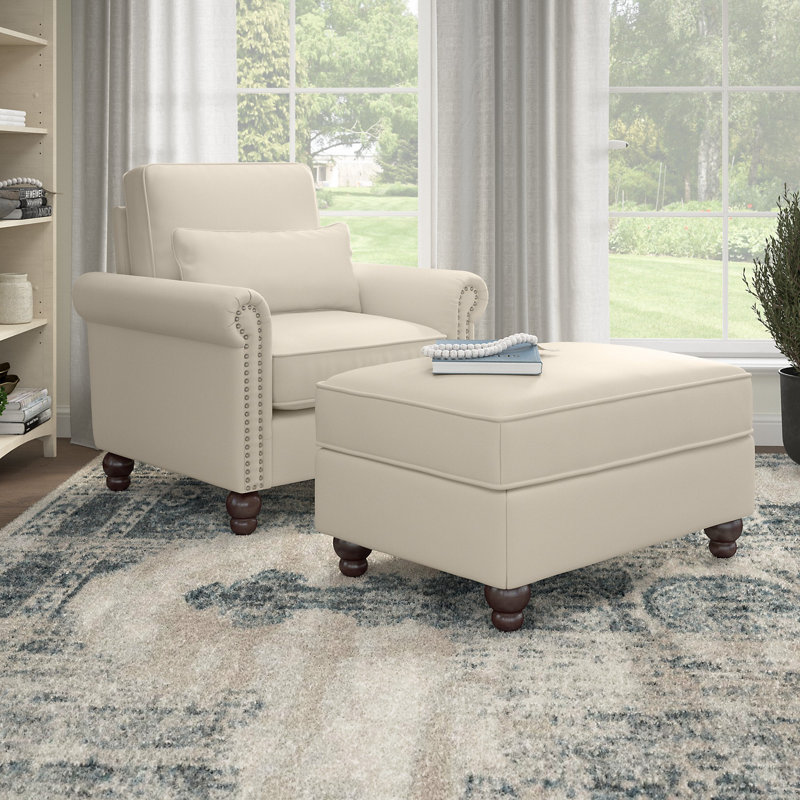 Fruzsina Upholstered Armchair with Ottoman, Cream 100% Polyester