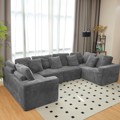 Canapé modulaire en forme de U de 135,5 pouces, méridienne 6 places avec design réversible, velours côtelé rayé - canapé de salon ou de chambre à coucher personnalisable, disposition librement configurable, canapés à compression