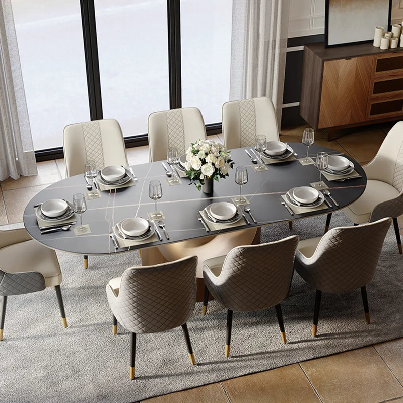9 Pieces Dining Room Sets, Pre-Assembly Oval Dining Table Sets, Sintered Stone Tabletop Kitchen Dining Table Set With Upholstered Chairs