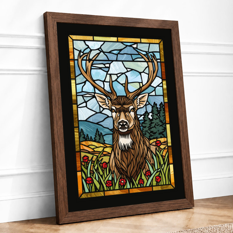 Deer in Stained Glass Boho - Framed Print, A4 - 29.7 x 21.0 cm, Walnut