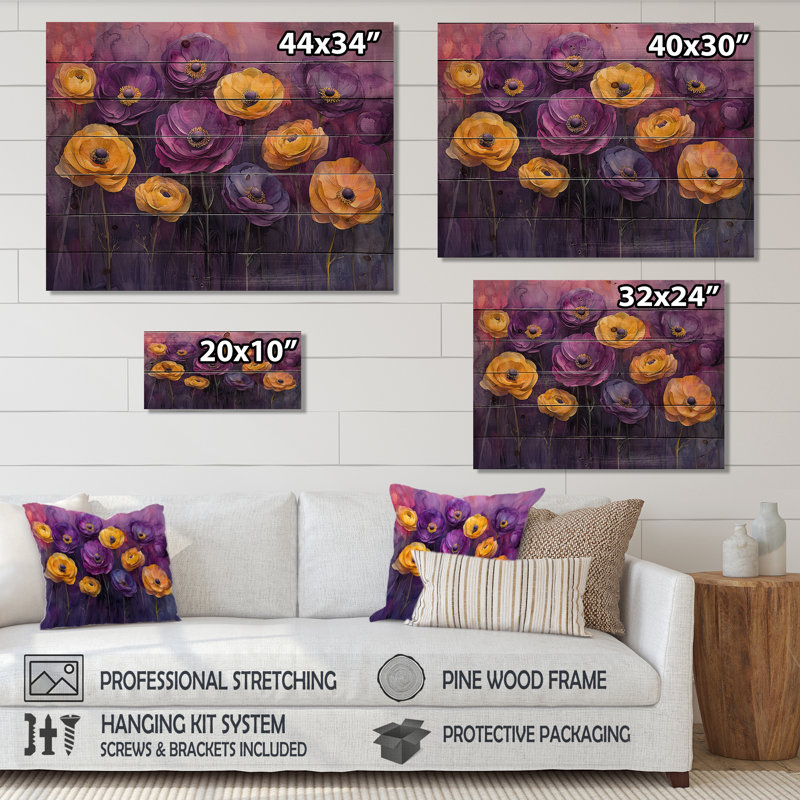 Lavande fleurs de renoncule champ III - décoration murale en bois de renoncule - sur bois de pin naturel