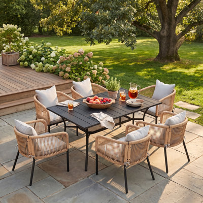 Ensemble de salle à manger de patio pour 6 personnes avec table rectangulaire de 60 po Brookstonval et 6 chaises de salle à manger en rotin PE