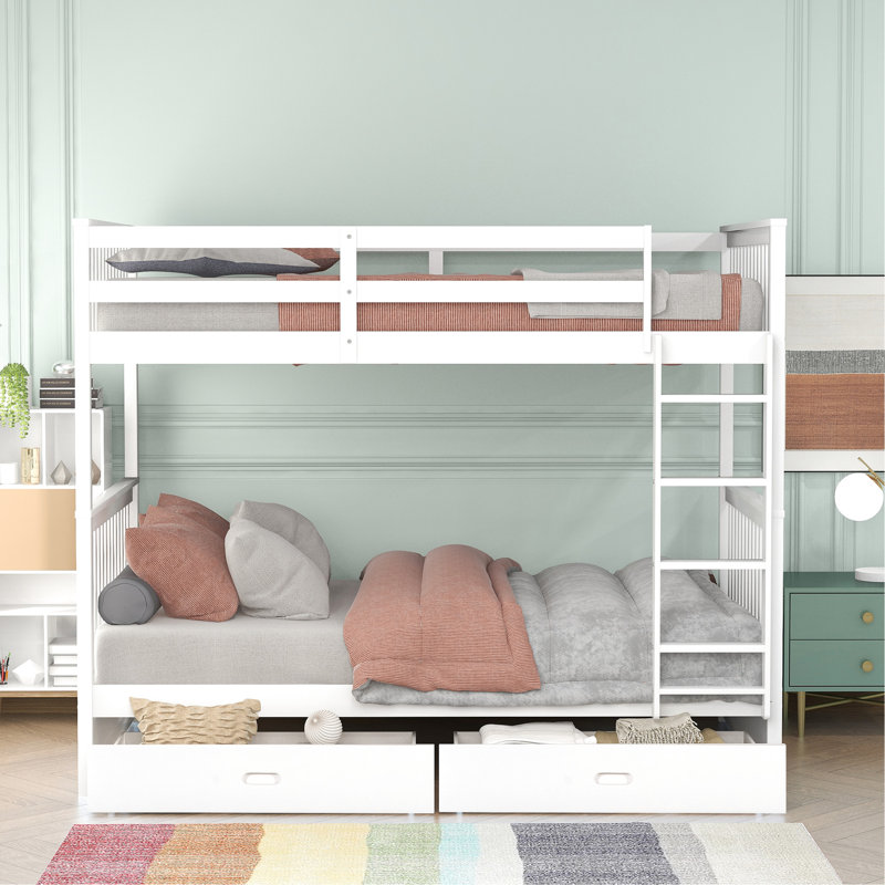 White Twintwin Bunk Bed With Storage - Adds Style To Bedroom And Ladders White, Fits Various Bedrooms