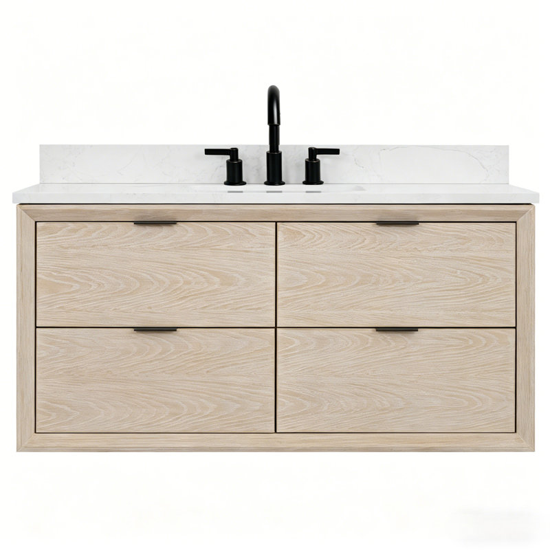48" Transitional Floating Natural Oak Bath Vanity with Engineered Marble Top, White Washed Oak