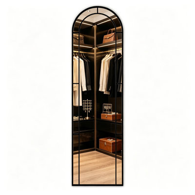Arched Full Length Window Mirror, 16X56 Windowpane Body Mirror With Metal Frame, Wall Mounted Or Leaning For Door, Bedroom, Living Room, Black, Modern Style