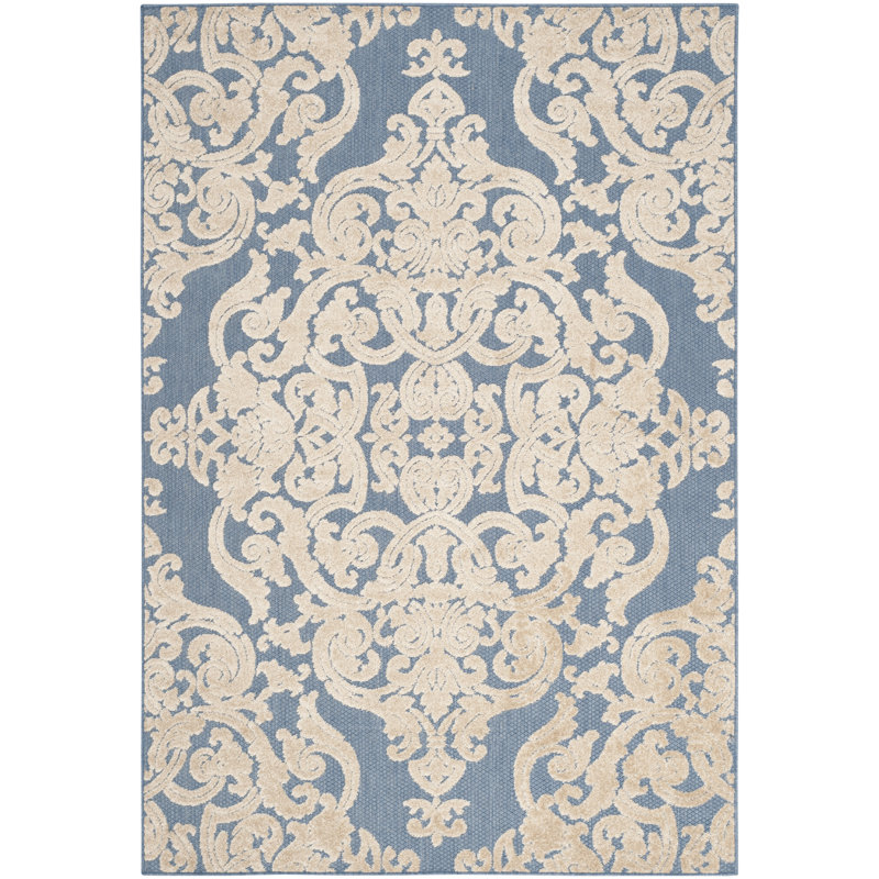Tapis bleu / beige tissé à la machine Ostrom, Rectangle de 3 pi 3 po x 5 pi 3 po