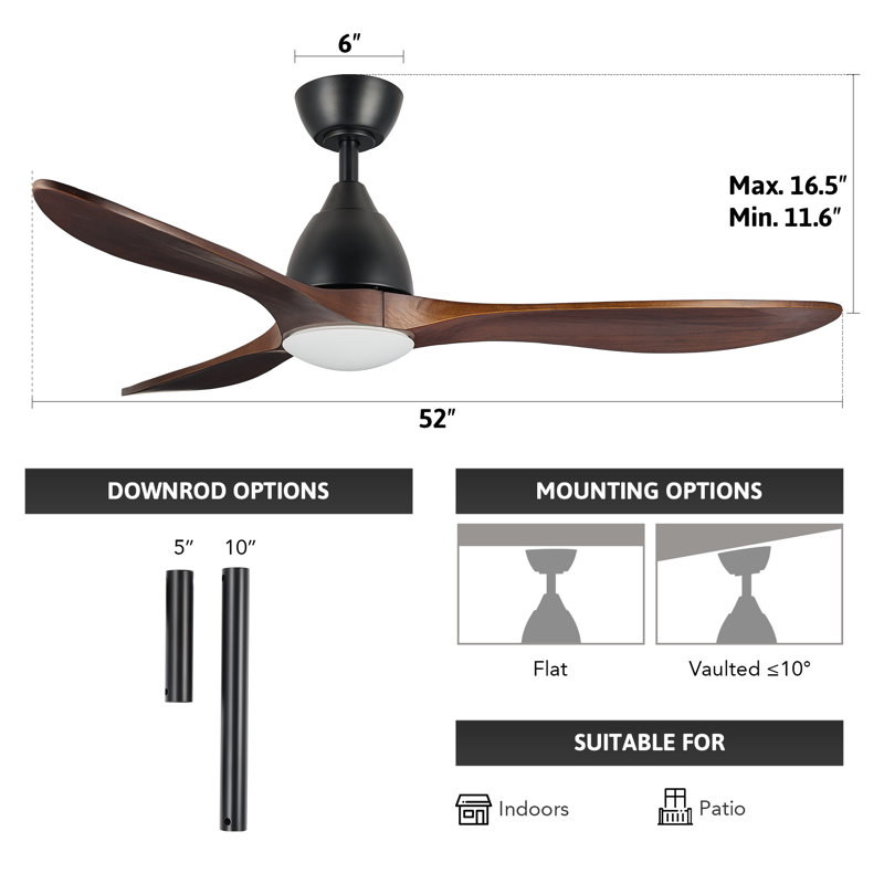 52" 3-Blade Smart LED Ceiling Fan with Dimmable Light and Remote Control, Matte Black with Walnut Blades, 52" Wide