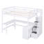 Lit mezzanine double avec bureau intégré en forme de L et tablettes de rangement à trois niveaux, et escalier de rangement attaché, blanc