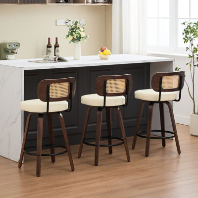 Ensemble de 3 tabourets de bar avec dossier en rotin, siège rembourré, fini noyer, pivotants à 360°, pour salle à manger, design américain, coussins en mousse pour comptoir.