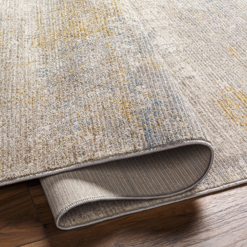 Tapis beige / ardoise / or en polyester tissé à la machine à motif abstrait Pys, Rectangle 10 pi x 14 pi