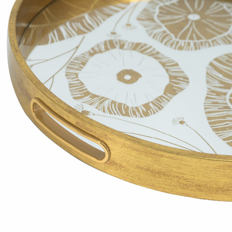 Round Plastic Mirror Trays with Floral Motif - Gold - L:D17.5x1.5" S:D14.5x1.5"