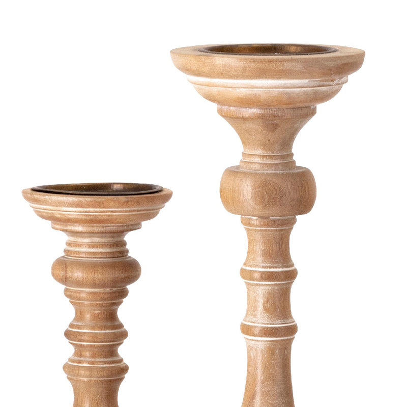 Ensemble de bougeoirs tournés 5 pièces Hez, décor classique, bois brun rustique