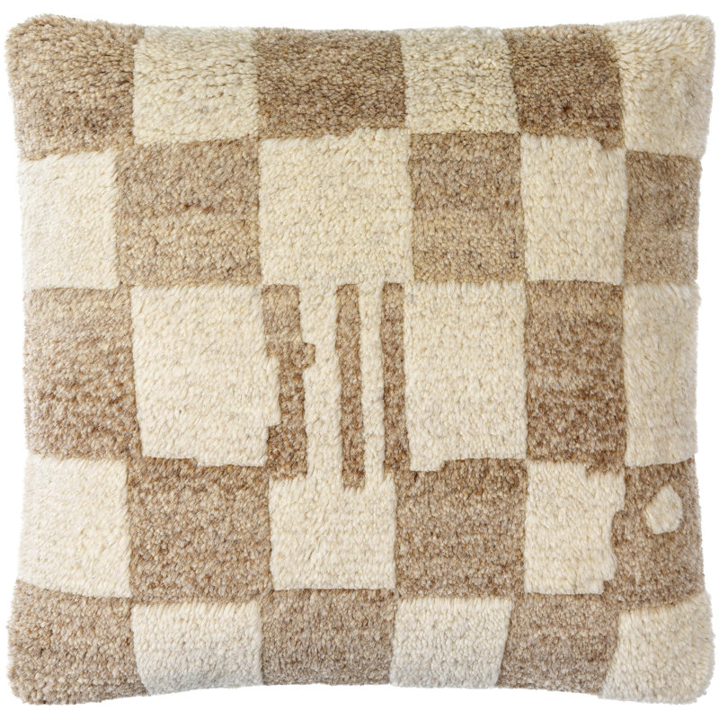 Raven Checkered Wool Throw Pillow, Polyester/Polyfill, Ivory, 20" x 20"