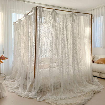 Élégante dentelle princesse 4 coins poteau moustiquaire romantique pour les filles femmes auvent de rideau de lit pour les adultes chambre de mariage décoration chambre d'enfant, blanc3, double