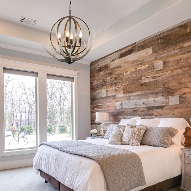 Lustre rustique à 4 lumières à intensité variable de 20,4 po avec résine et 4 branches en bois et abat-jour en métal rétro