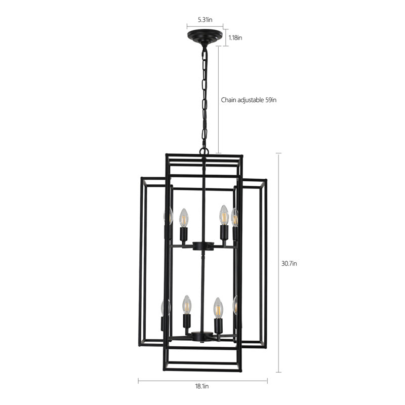 Lustre suspendu géométrique noir moderne à 8 lumières de 18 po, structure en métal industriel, luminaire suspendu réglable pour le salon, la salle à manger et la cuisine (sans ampoules)