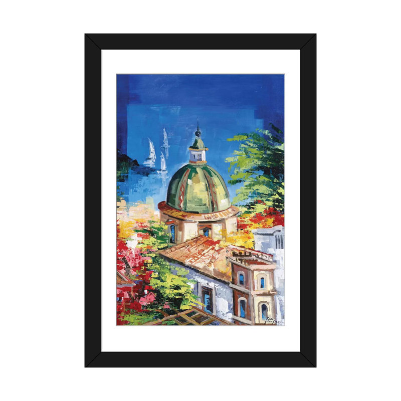 « positano », reproduction sur toile, Papier d'art encadré noir, Blanc, H 32 po x l 24 po x P 1 po