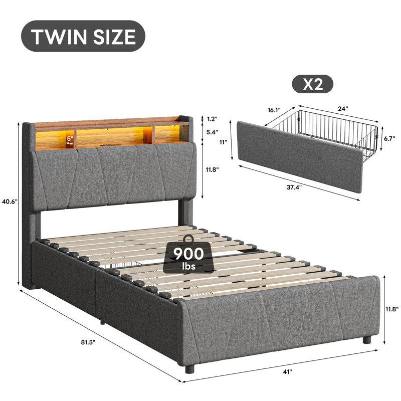 Twin Size Bed Frame With 2 Drawers, Upholstered Platform Bed Frame With Led Lights & Charging Station, No Box Spring Needed