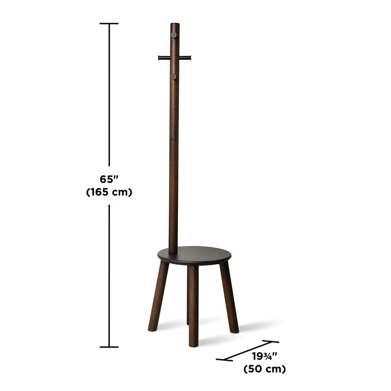 Black and Walnut Multifunctional Coat Rack with Integrated Stool