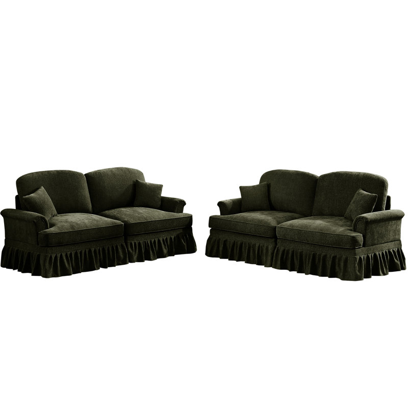 Ensemble de salon 2 pièces comprenant des accoudoirs évasés, des volants amovibles et un revêtement en chenille douce pour un espace charmant avec des pieds fuselés, de la mousse haute densité et du tissu à fil argenté
