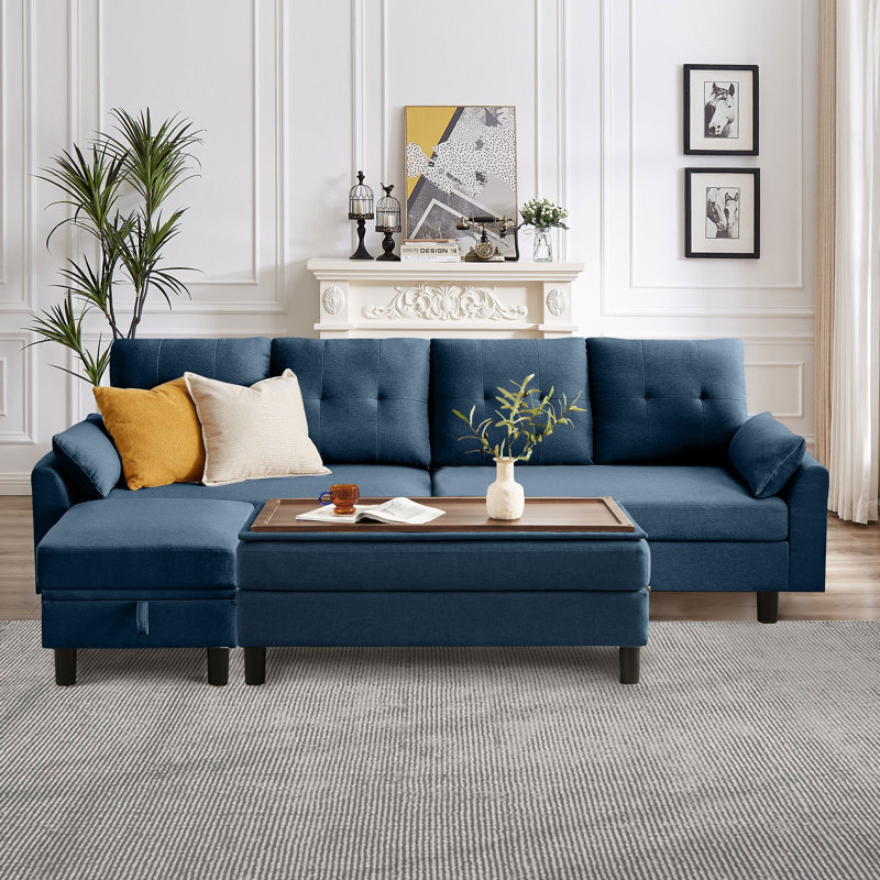 Canapé de 102,4 po de largeur avec repose-pieds et banc long avec table basse, Mélange de polyester bleu
