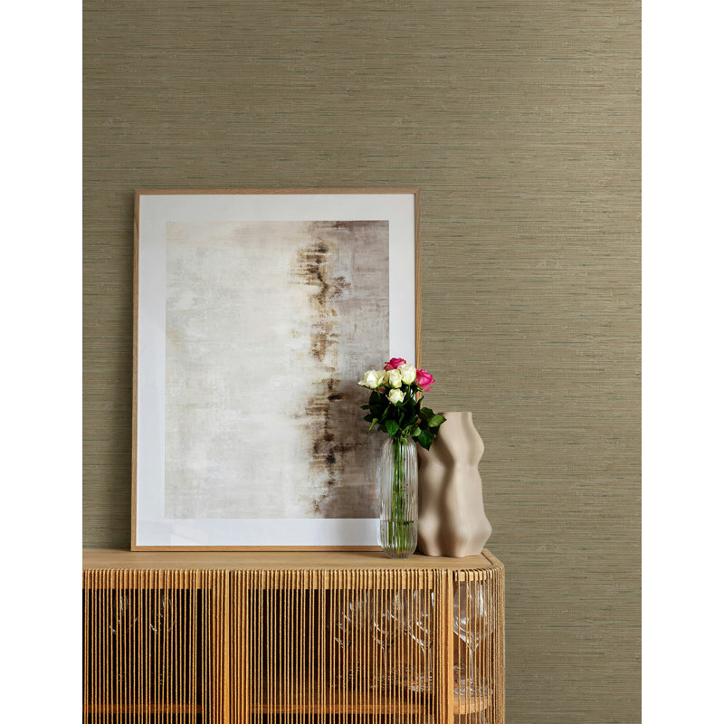 Papier peint rayé en lin à motif tricote Seabrook Designs Dusk, Taupe métallique / bleu égéen