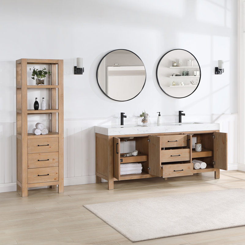 72'' Double Bathroom Vanity with Engineered Marble Top, Brown, White, Matte Black