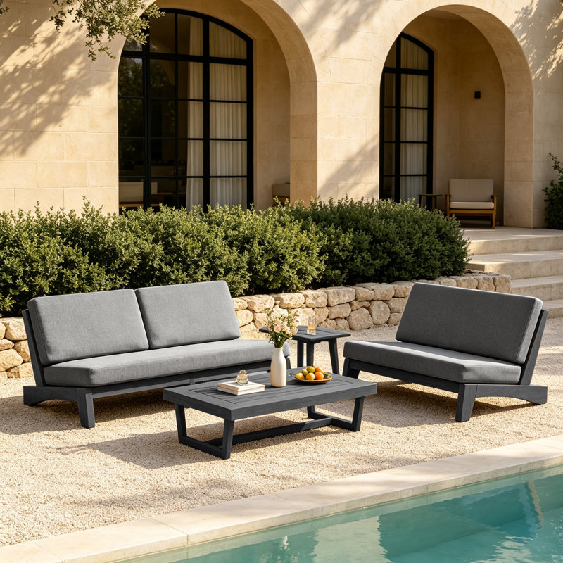 Ensemble de conversation Polett, 4 Pcs: 2 Tables, Loveseat, Sofa, Gris, Noir