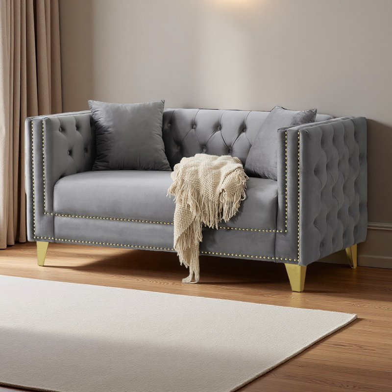 Canapé 58 po en velours Chesterfield de 58 po, canapé à 2 places à siège profond, canapé moderne avec têtes de clou à boutons, accoudoirs carrés