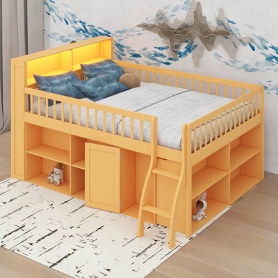 Low Loft Bed With LED Headboard Light & Storage Shelves,Wood Loft Bed Frame With Full-Length Safety Guardrails & Sturdy Ladder & Under-Bed Play Space