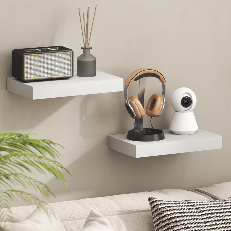 Furinno TANNA Floating Shelves for Wall Set of 2, 9 x 16 Wall Shelf, Wall Mounted Floating Shelf with Invisible Bracket, 2-in Thick Shelf, for Bathroom, Living Room, Bedroom, Home Office, White