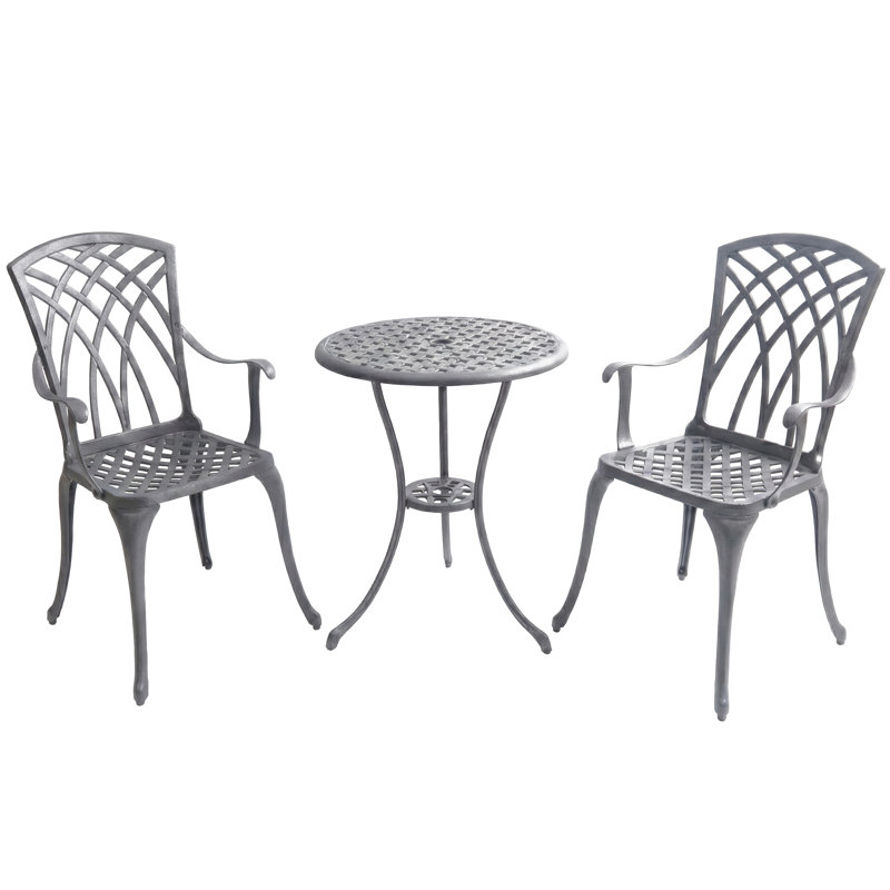 Musso Luxurious Garden & Patio Table & 2 Large Chairs With Armrests Cast Aluminium Bistro Set, Grey