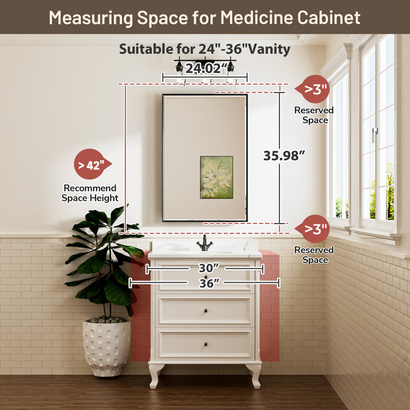Armoire à pharmacie avec miroir et 3 tablettes Cyrille, H 36 po x l 24 po x P 5,2 po, Nickel