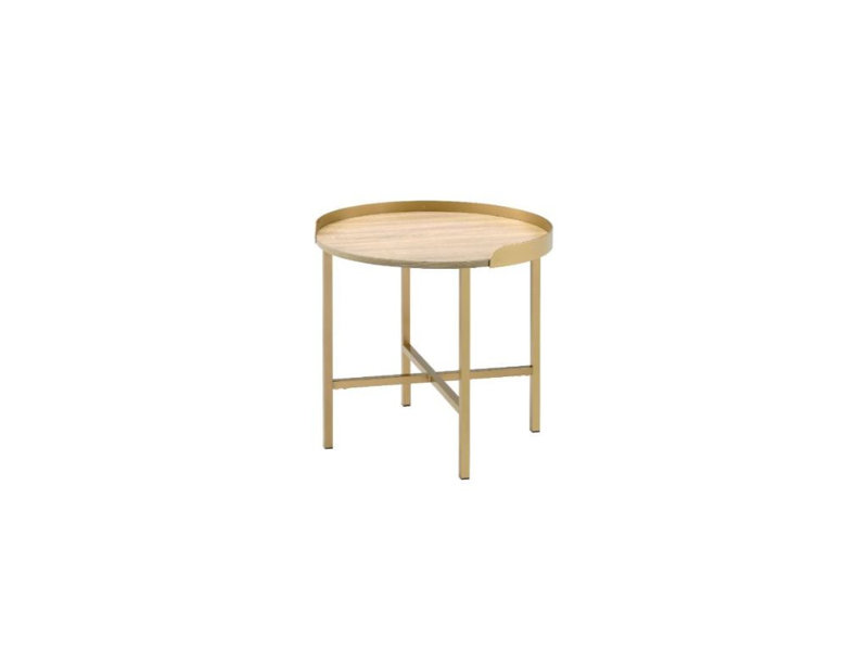 Table de bout ronde 22 "en bois manufacturé doré et chêne et métal
