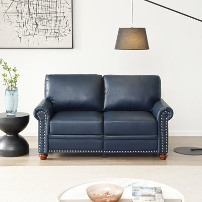 Living Room Sofa Loveseat Round Arm With Silver Nails Couch Navy Blue Faux Leather