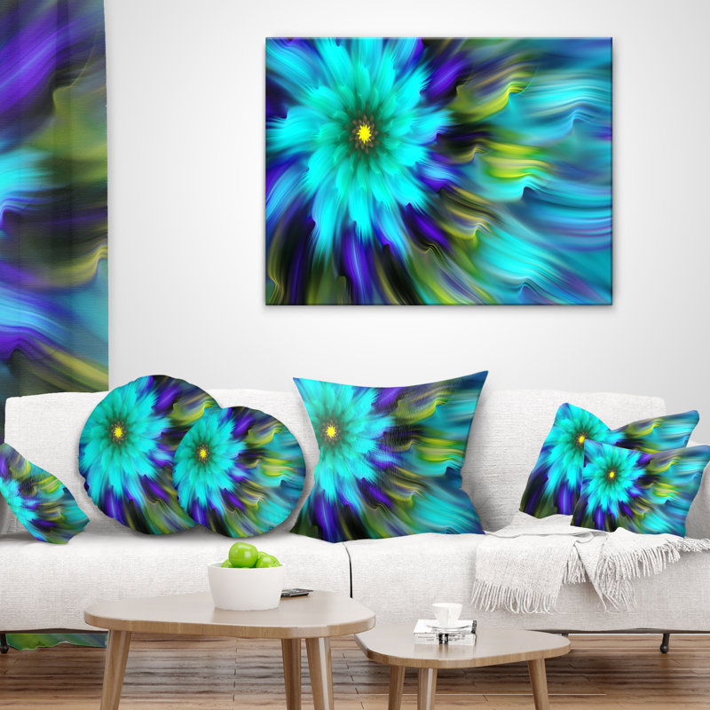 Massive bleu vert fleur fractale - coussin floral imprimé, 18 po x 18 po, Coussin décoratif