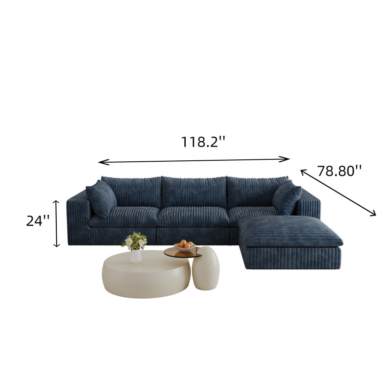 Canapé en velours côtelé de 118,2 po avec coussins amovibles, Velours côtelé bleu, H 24 po x l 118,2 po x P 78,8 po