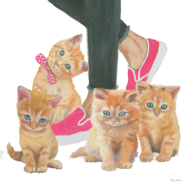 «Cutie Kitties I» par Emily Adams - peinture sur toile tendue, H 12 po x l 12 po, Non, Toile avec cadre noyer