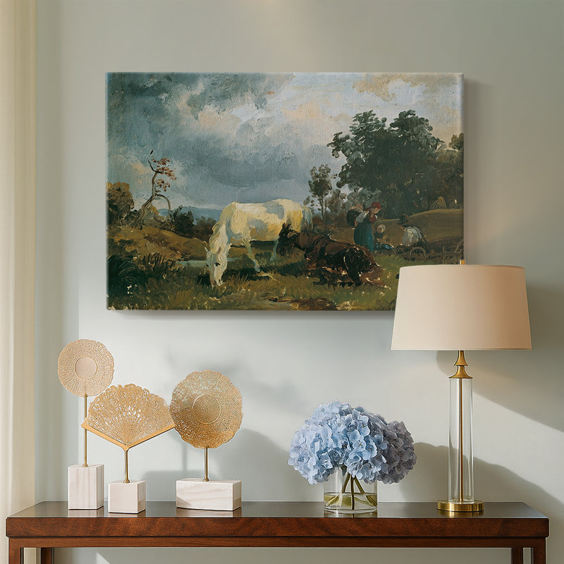 Chevaux au pâturages devant une tempête - Peinture sur toile tendue par Gauermann - c. Milieu du 19e siècle, 18 x 27