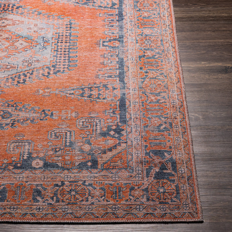 Bria Machine Washable Oriental Burnt Orange/Blue Area Rug, Runner 2'7" x 10'