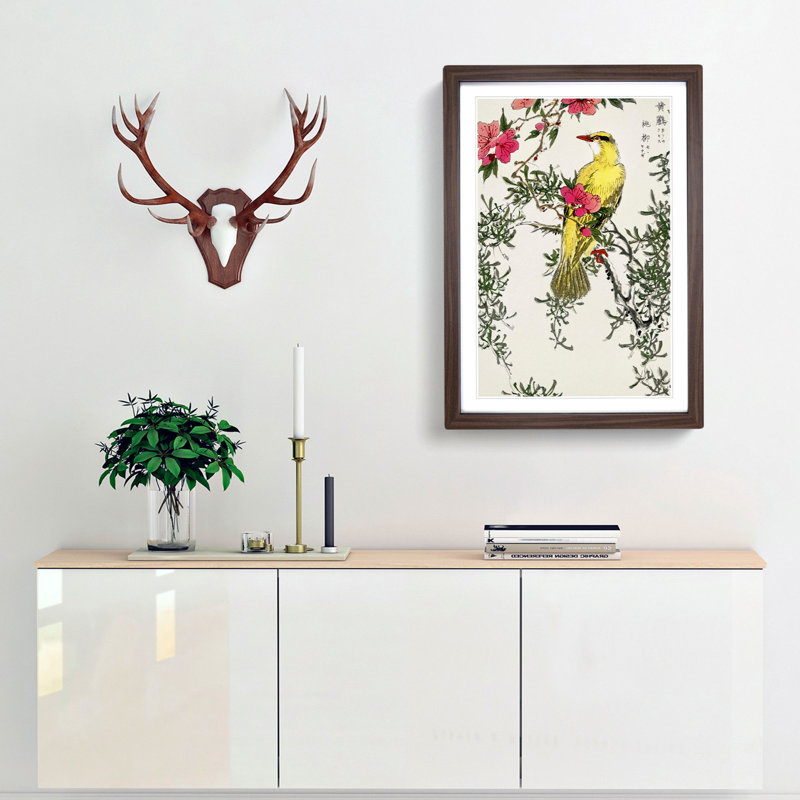 Bush-Warbler & Drooping Peach by Numata Kashu - Picture Frame Art Print, Walnut Framed, 36cm H x 27cm W x 2cm D