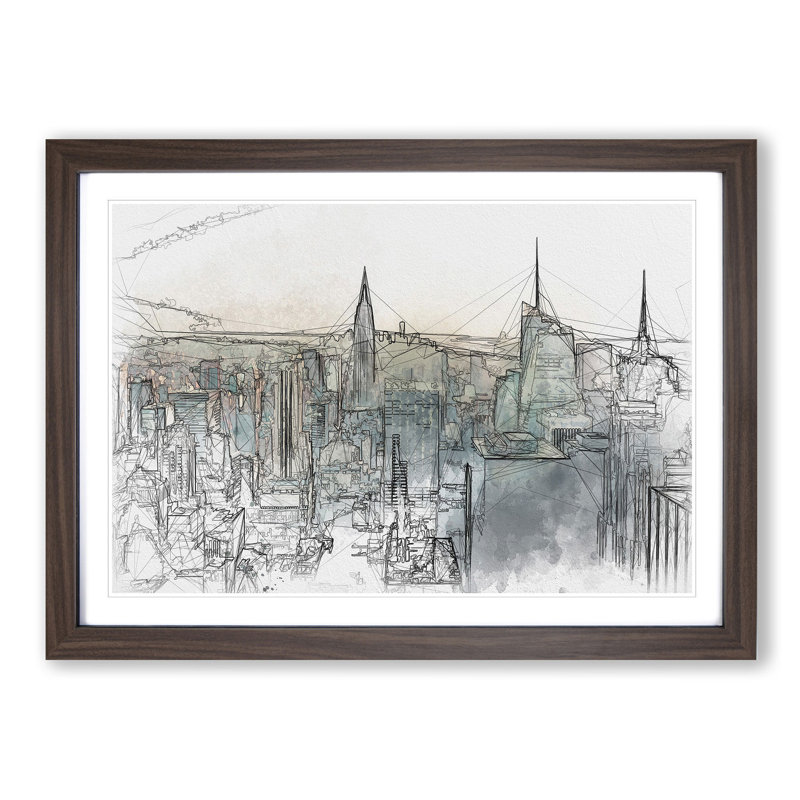 Manhattan Skyline in New York - Picture Frame Graphic Art Print, 40cm H x 60cm W x 2cm D, Walnut Framed