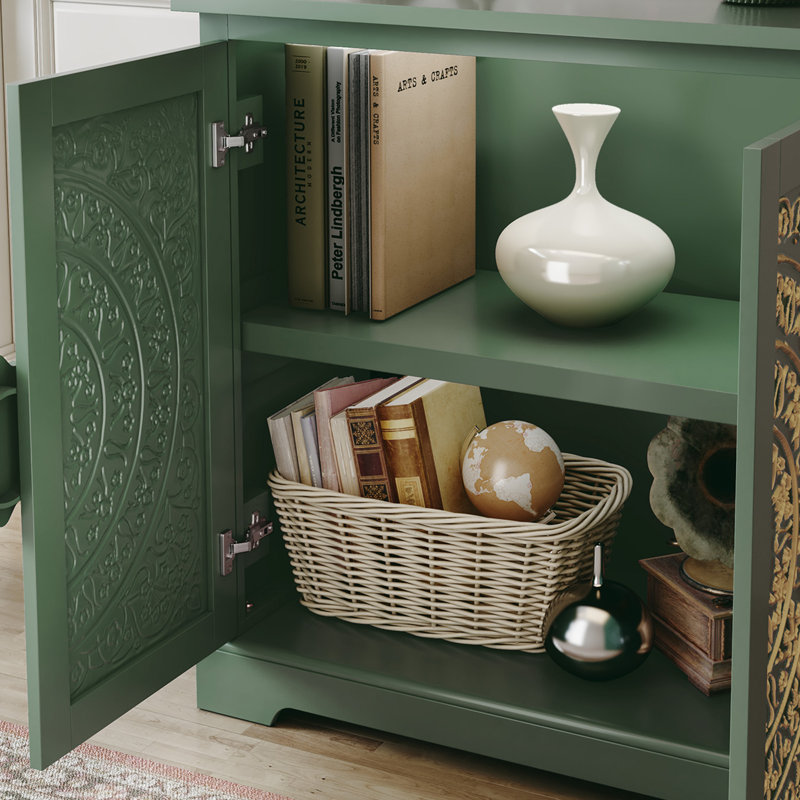 Buffet 31,5 "rétro avec portes en relief dorées à la main avec tablettes réglables, Vert