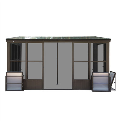 All Season Sunroom, Outdoor Permanent Wall Mounted Solarium With Detachable Polycarbonate Windows, Aluminum Lean To Gazebo Sun Room With 2 Lockable Sliding Doors For Garden Patio Deck